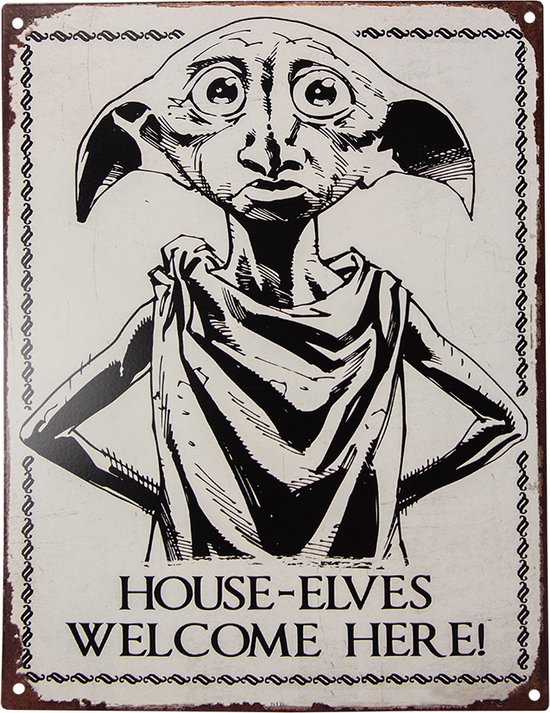 Clayre & Eef Tekstbord 25x33 cm Beige Zwart Ijzer Elf House-elves Wandbord