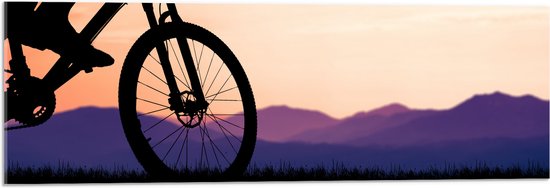 Acrylglas - Silhouet van Persoon op Mountainbike Fietsend door Berggebied - 90x30 cm Foto op Acrylglas (Met Ophangsysteem)