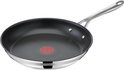 Zwarte koekenpan met roestvrijstalen handvat, glimmende rand en rode T-fal Thermo-Spot indicator.