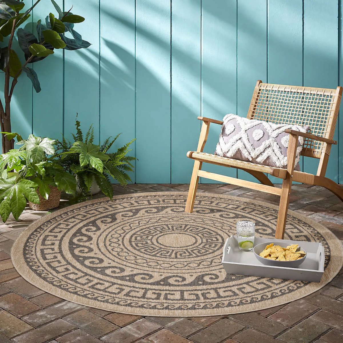 Flycarpets Summit Rond Jute Look Buitenkleed - Beige / Zwart - Buiten Vloerkleed - Laagpolig Tuintapijt / Buitentapijt - 200 cm
