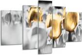 Glasschilderij Tulpen - Goud, Grijs, Wit - 170x100cm 5Luik - Foto Op Glas - Geen Acrylglas Schilderij - 6000+ Glasschilderijen Collectie - Wanddecoratie