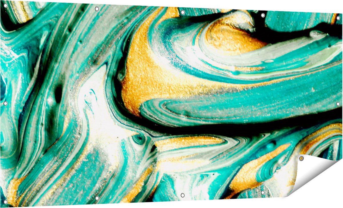 Gards Tuinposter Abstracte Kunst - Groen met Gouden Verf - 160x80 cm - Tuindoek - Tuindecoratie - Wanddecoratie buiten - Tuinschilderij Multikleur