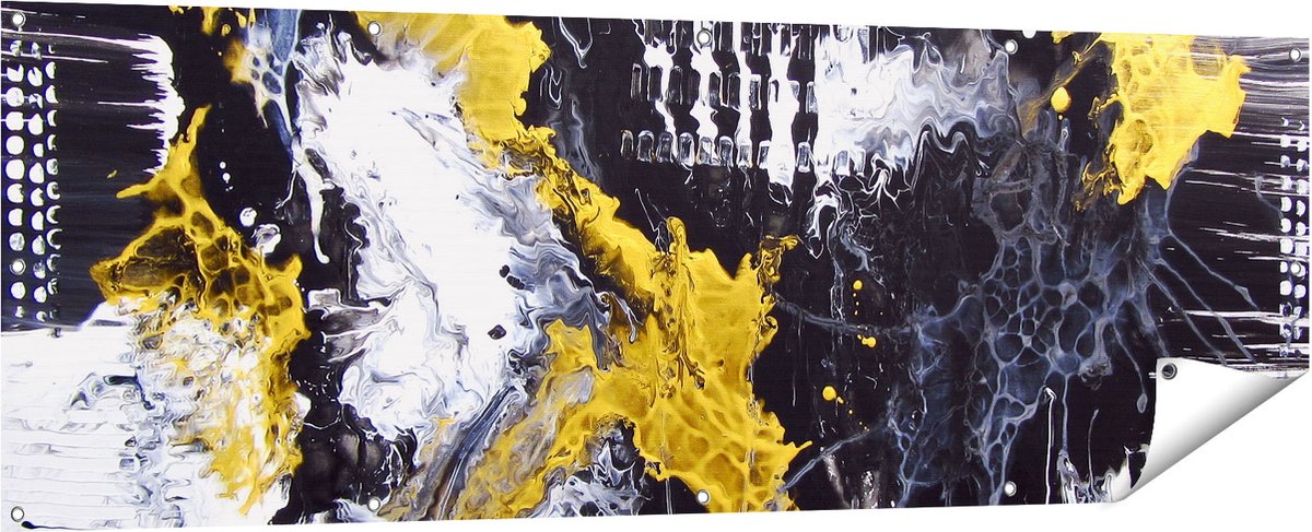 Gards Tuinposter Abstracte Kunst met Zwart, Wit en Goud - 180x60 cm - Tuindoek - Tuindecoratie - Wanddecoratie buiten - Tuinschilderij Multikleur
