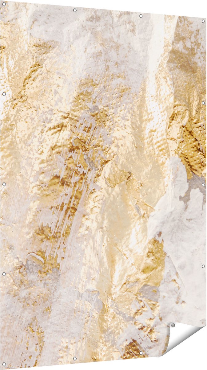 Gards Tuinposter Abstracte Kunst van Goud en Wit - 120x180 cm - Tuindoek - Tuindecoratie - Wanddecoratie buiten - Tuinschilderij Multikleur
