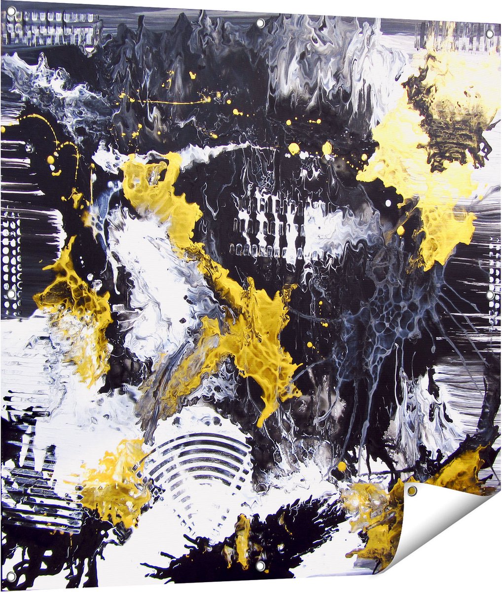 Gards Tuinposter Abstracte Kunst met Zwart, Wit en Goud - 100x100 cm - Tuindoek - Tuindecoratie - Wanddecoratie buiten - Tuinschilderij Multikleur