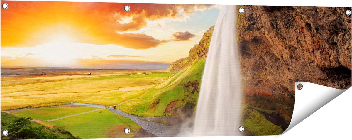 Gards Tuinposter Waterval in IJsland met Zonsondergang - 120x40 cm - Tuindoek - Tuindecoratie - Wanddecoratie buiten - Tuinschilderij Multikleur