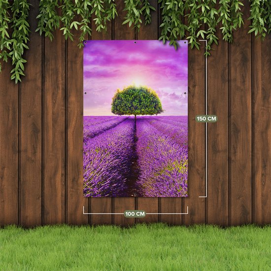 Gards Affiche de jardin Arbre Vert dans les Fleurs de Lavande - 100x150 cm - Toile jardin - Décoration de jardin - Décoration murale extérieur - Tableau jardin