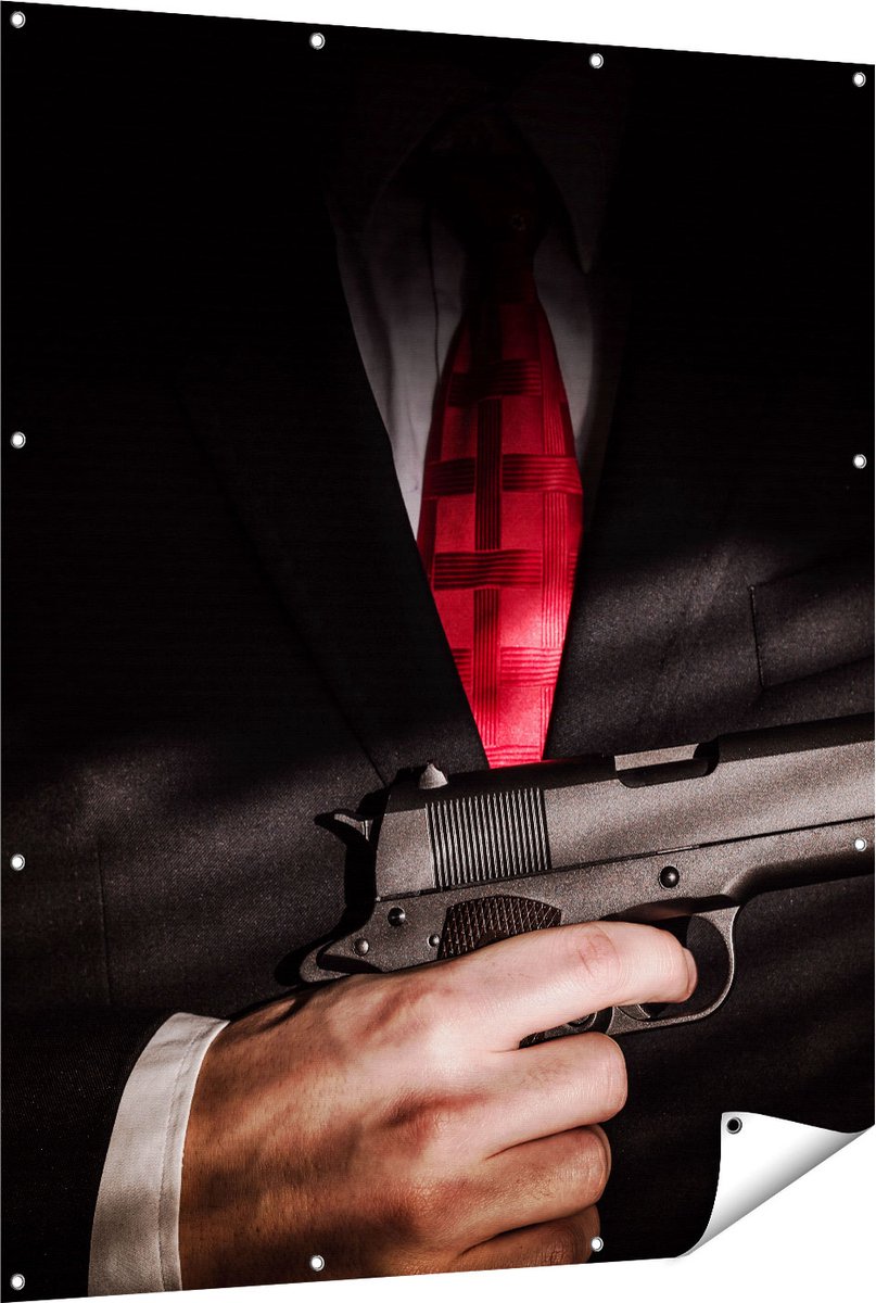 Gards Tuinposter Man van de Maffia met een Pistool Vast - 120x150 cm - Tuindoek - Tuindecoratie - Wanddecoratie buiten - Tuinschilderij Multikleur