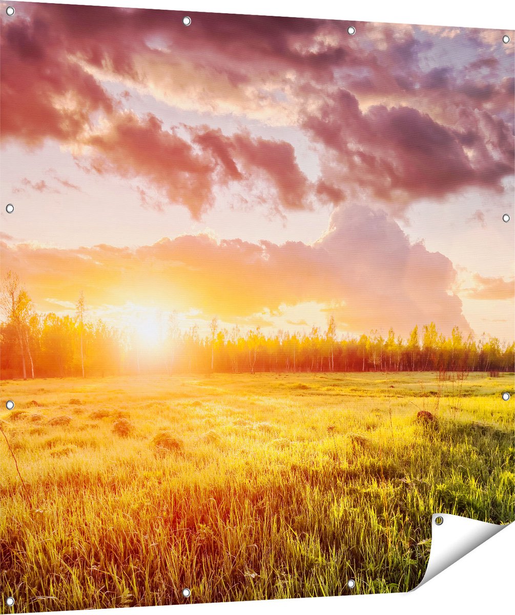 Gards Tuinposter Zonsopkomst in het Veld - 120x120 cm - Tuindoek - Tuindecoratie - Wanddecoratie buiten - Tuinschilderij Multikleur