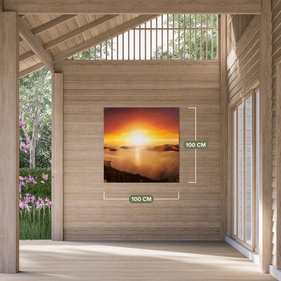 Affiche de jardin du Gards Coucher de soleil dans les Montagnes avec nuages ​​- 100x100 cm - Toile de jardin - Décoration de jardin - Décoration murale extérieure - Tableau de jardin