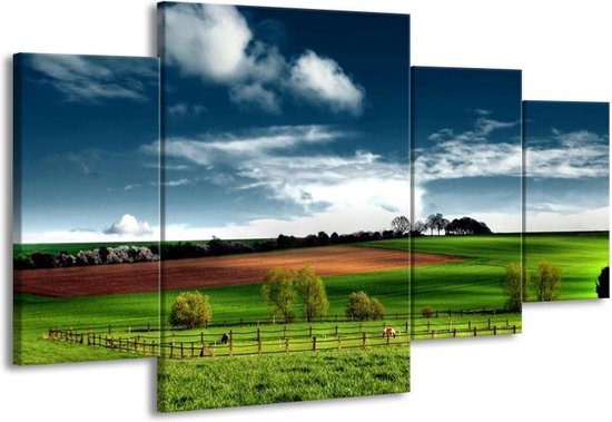 GroepArt - Schilderij -  Natuur - Groen, Bruin, Blauw - 160x90cm 4Luik - Schilderij Op Canvas - Foto Op Canvas