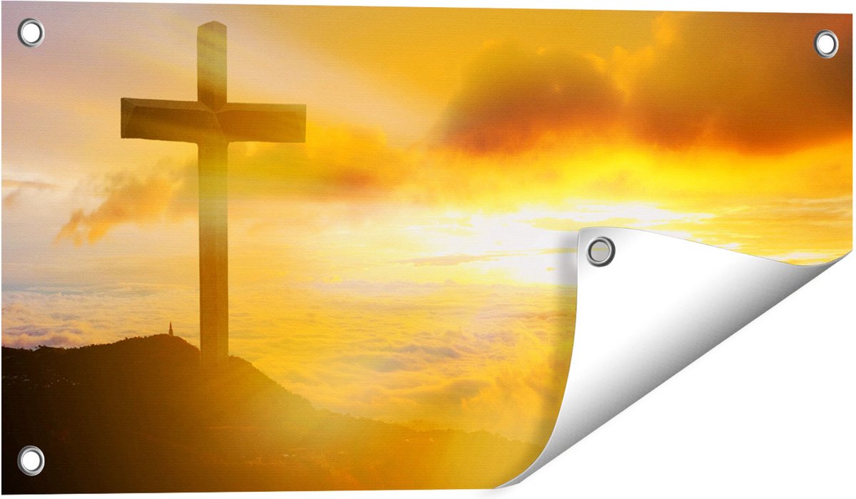 Gards Tuinposter Kruis van Jezus Christus bij Zonsondergang - 60x30 cm - Tuindoek - Tuindecoratie - Wanddecoratie buiten - Tuinschilderij Multikleur