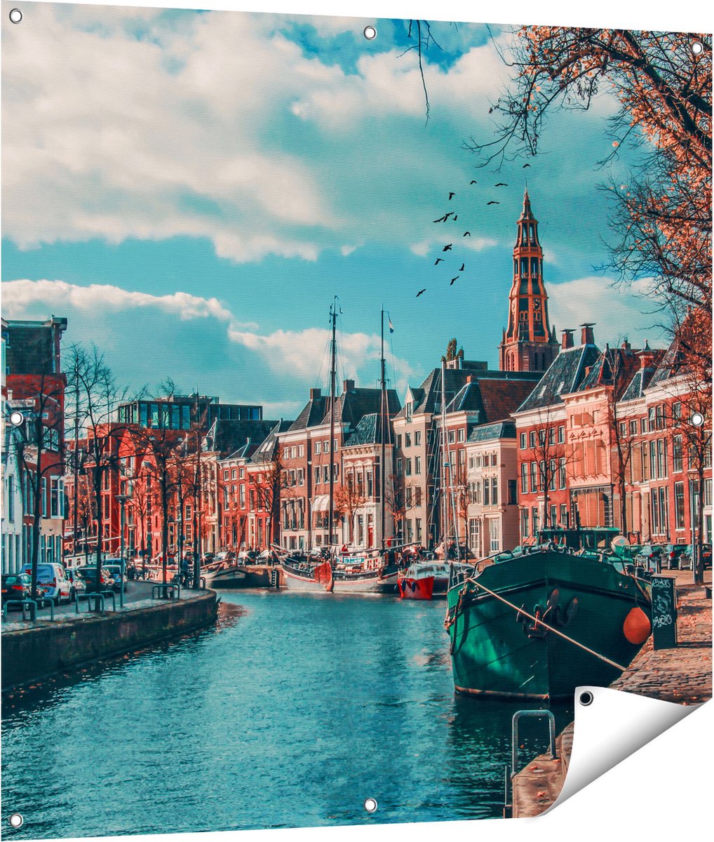 Gards Tuinposter Gracht in Groningen - 100x100 cm - Tuindoek - Tuindecoratie - Wanddecoratie buiten - Tuinschilderij Multikleur