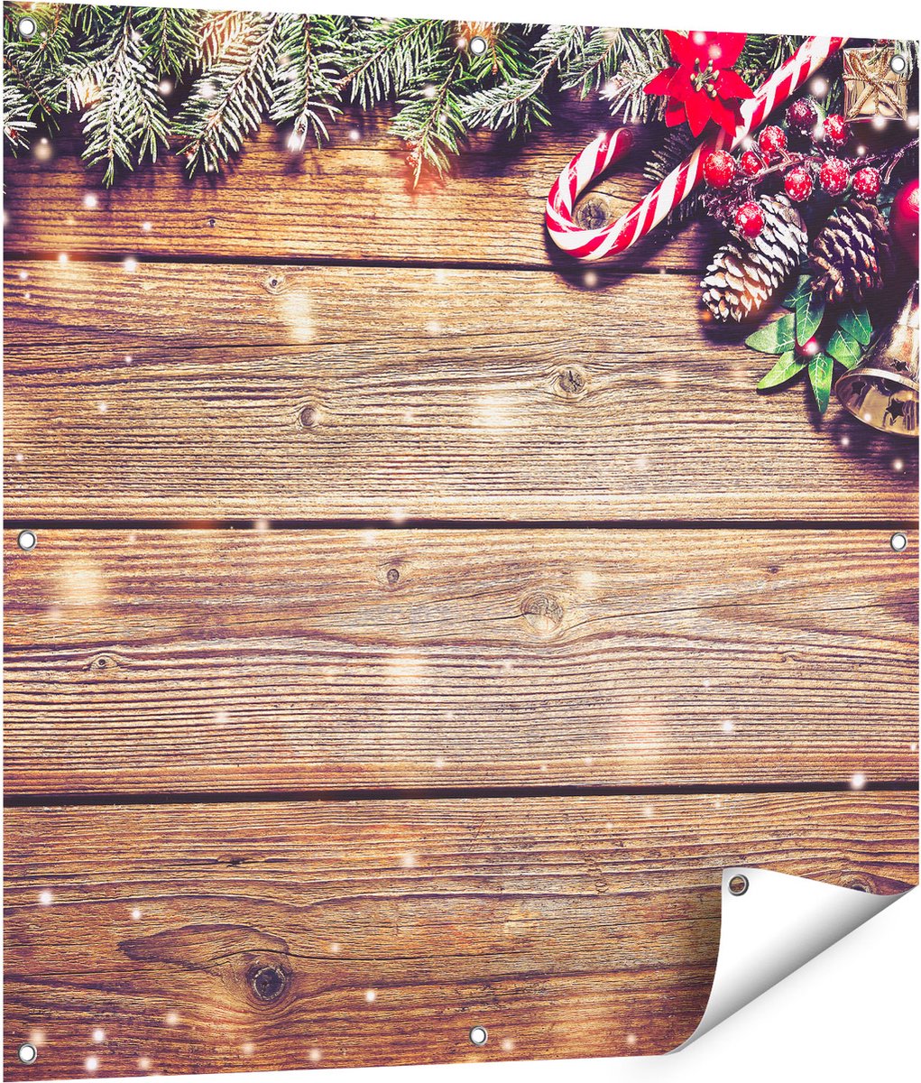 Gards Tuinposter Kerst Sfeer Achtergrond met Dennenbomen - 90x90 cm - Tuindoek - Tuindecoratie - Wanddecoratie buiten - Tuinschilderij Multikleur