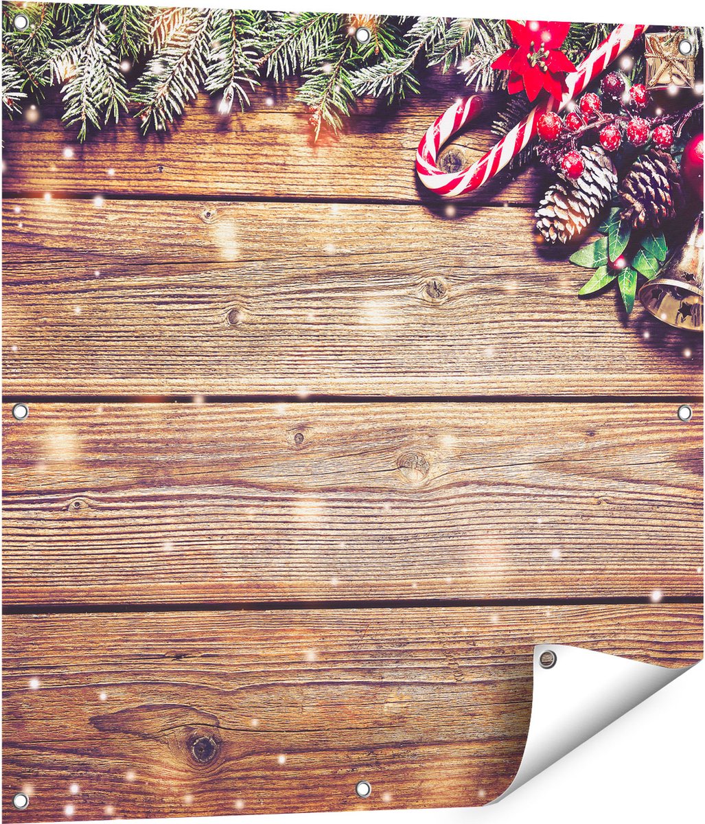 Gards Tuinposter Kerst Sfeer Achtergrond met Dennenbomen - 80x80 cm - Tuindoek - Tuindecoratie - Wanddecoratie buiten - Tuinschilderij Multikleur