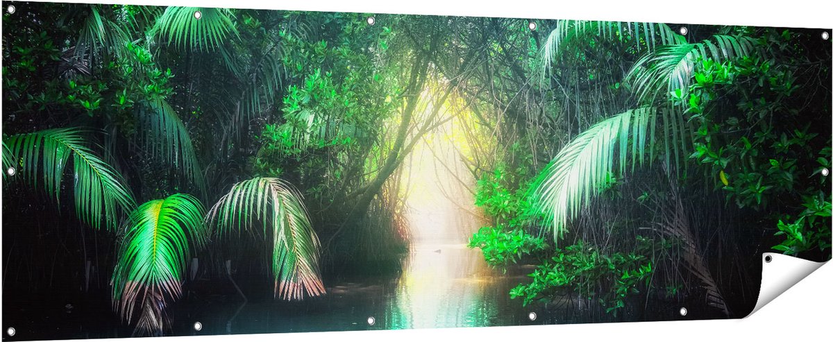 Gards Tuinposter Tropische Jungle met een Turquoise Meer - 210x70 cm - Tuindoek - Tuindecoratie - Wanddecoratie buiten - Tuinschilderij Multikleur