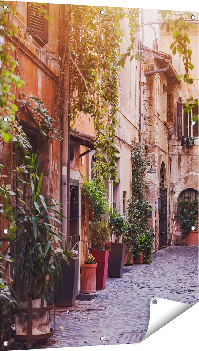 Gards Tuinposter Straatje in Rome met Groene Planten - 80x120 cm - Tuindoek - Tuindecoratie - Wanddecoratie buiten - Tuinschilderij Multikleur