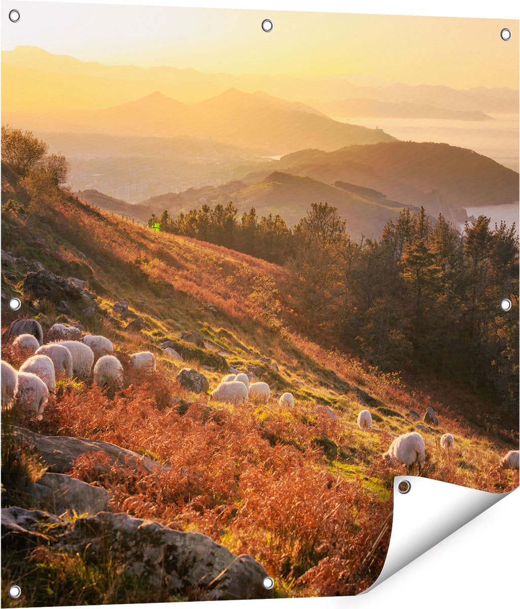 Gards Tuinposter Schapen in de Bergen - 80x80 cm - Tuindoek - Tuindecoratie - Wanddecoratie buiten - Tuinschilderij Multikleur