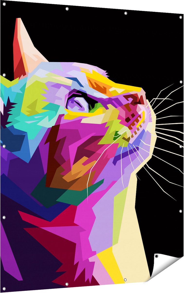 Gards Tuinposter Kleurrijke Kat Kijkt naar Boven - Abstract - 120x160 cm - Tuindoek - Tuindecoratie - Wanddecoratie buiten - Tuinschilderij Multikleur