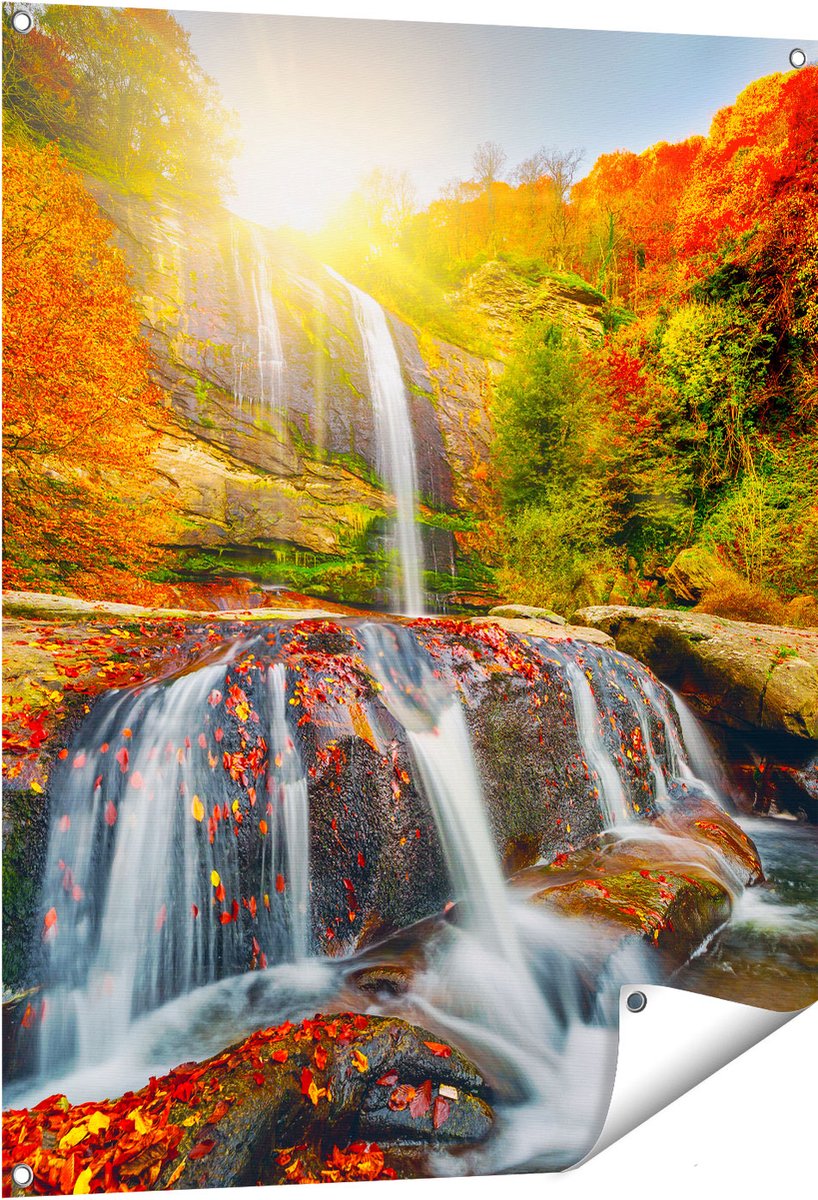Gards Tuinposter Waterval in de Herfst Kleuren - 80x100 cm - Tuindoek - Tuindecoratie - Wanddecoratie buiten - Tuinschilderij Multikleur