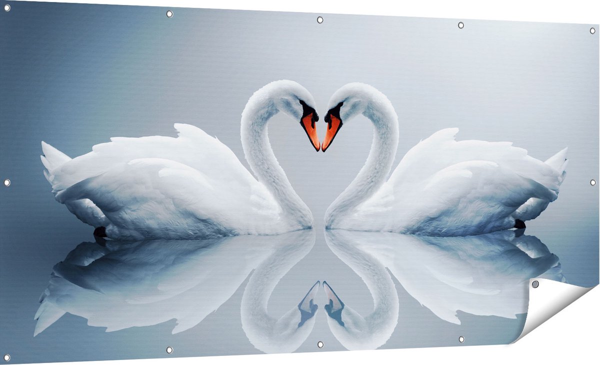 Gards Tuinposter Twee Zwanen in een Hart Vorm - 180x90 cm - Tuindoek - Tuindecoratie - Wanddecoratie buiten - Tuinschilderij Multikleur