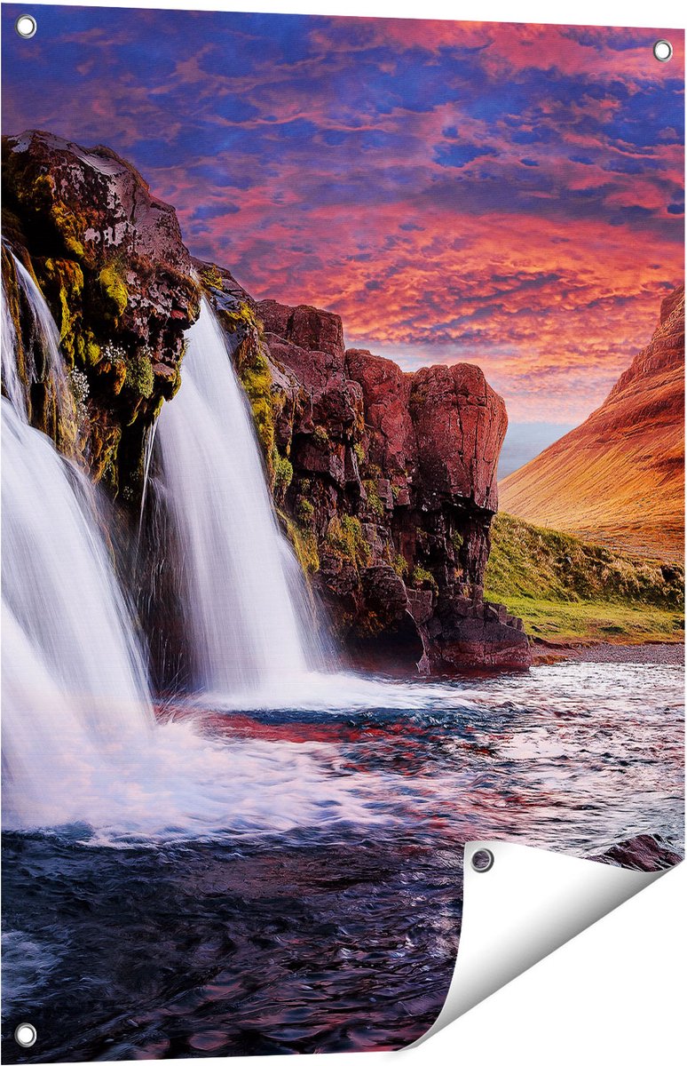 Gards Tuinposter Waterval bij een Berg - 60x80 cm - Tuindoek - Tuindecoratie - Wanddecoratie buiten - Tuinschilderij Multikleur