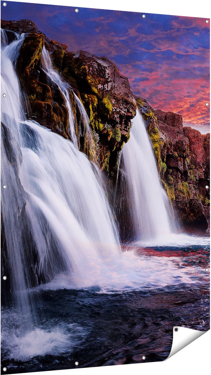 Gards Tuinposter Waterval bij een Berg - 120x180 cm - Tuindoek - Tuindecoratie - Wanddecoratie buiten - Tuinschilderij Multikleur