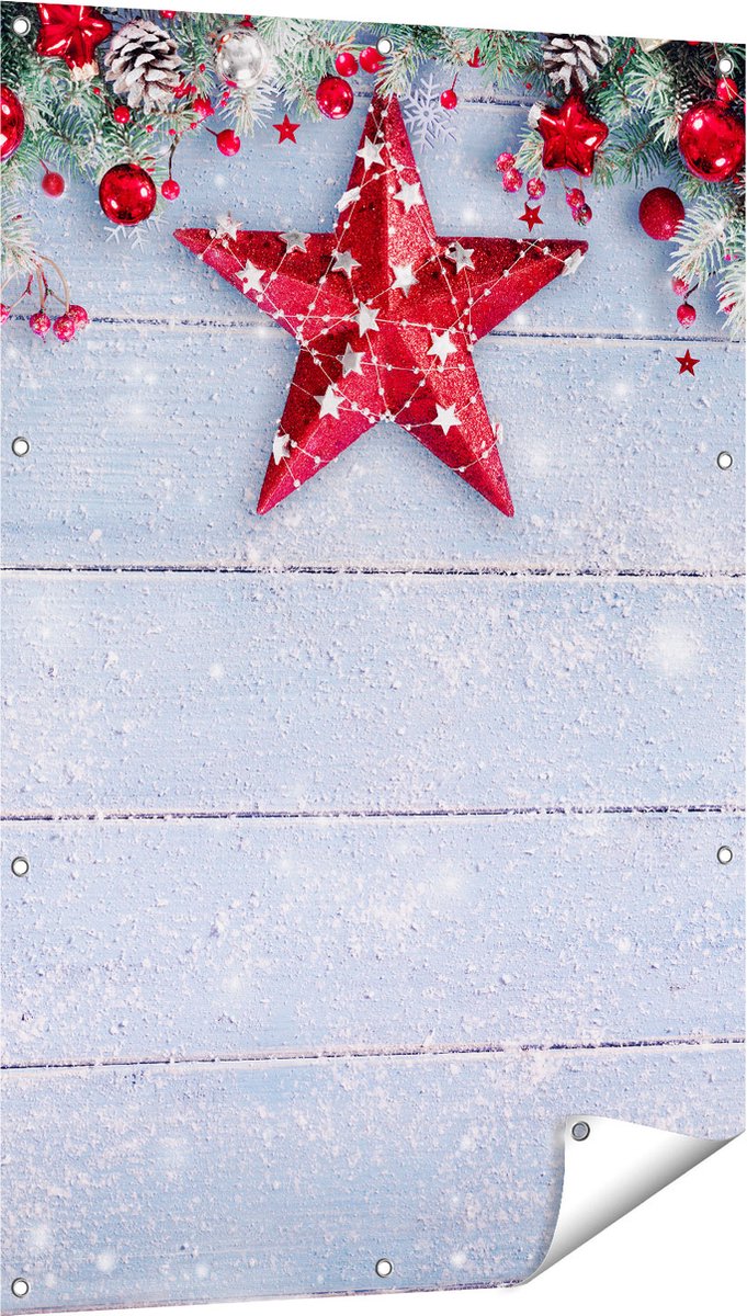 Gards Tuinposter Kerst Achtergrond met Sneeuw op Tafel - 80x120 cm - Tuindoek - Tuindecoratie - Wanddecoratie buiten - Tuinschilderij Multikleur