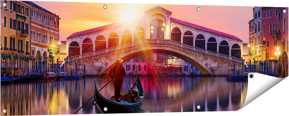 Gards Tuinposter Gondel bij de Rialtobrug in Veneti�, Itali� - 150x50 cm - Tuindoek - Tuindecoratie - Wanddecoratie buiten - Tuinschilderij Multikleur