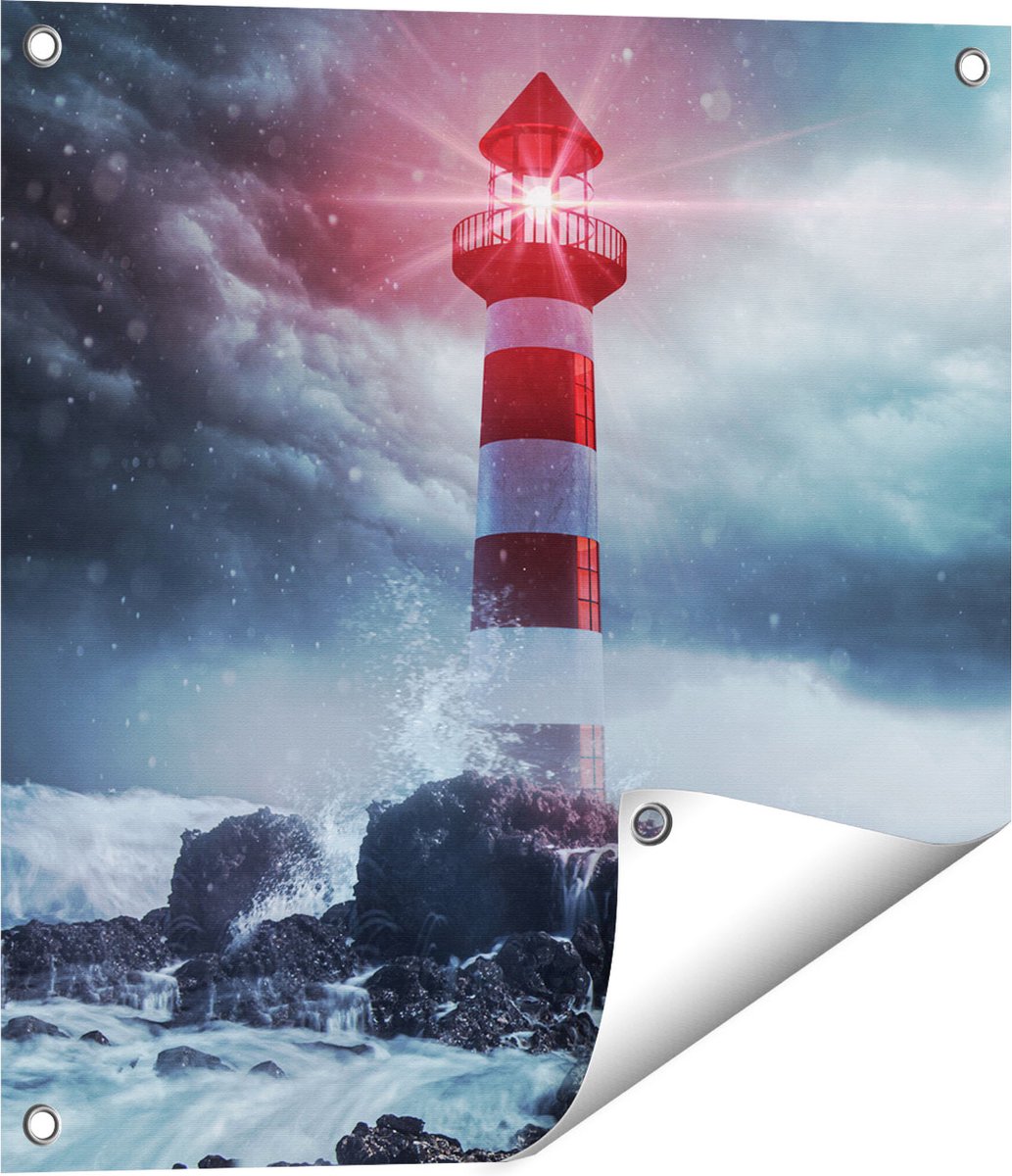 Gards Tuinposter Vuurtoren tijdens een Storm - 50x50 cm - Tuindoek - Tuindecoratie - Wanddecoratie buiten - Tuinschilderij Multikleur