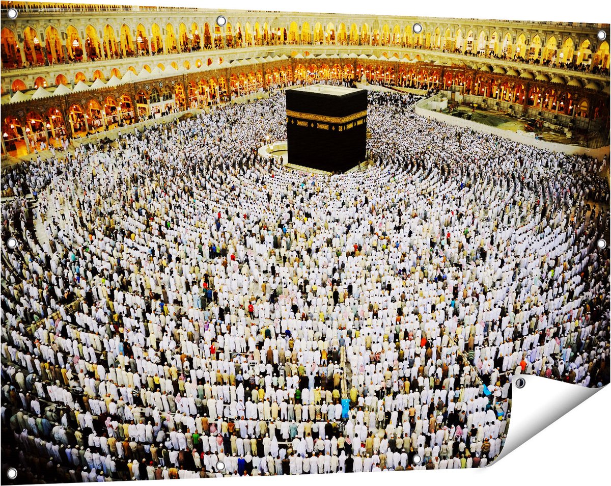 Gards Tuinposter Zwarte Steen in Mekka met Biddende Moslims - 120x80 cm - Tuindoek - Tuindecoratie - Wanddecoratie buiten - Tuinschilderij Multikleur