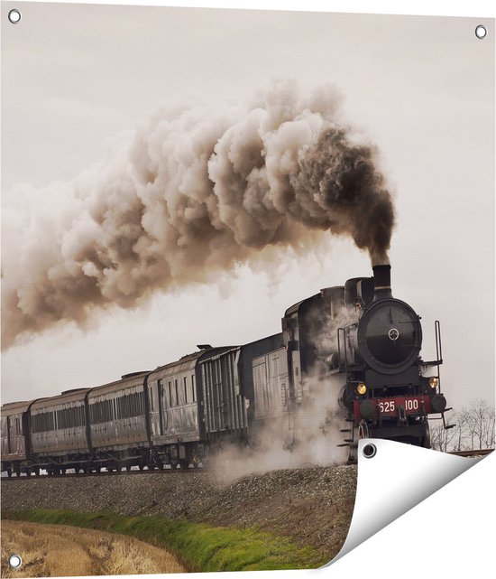 Gards Tuinposter Locomotief Trein met Rook Wolken - 70x70 cm - Tuindoek - Tuindecoratie - Wanddecoratie buiten - Tuinschilderij