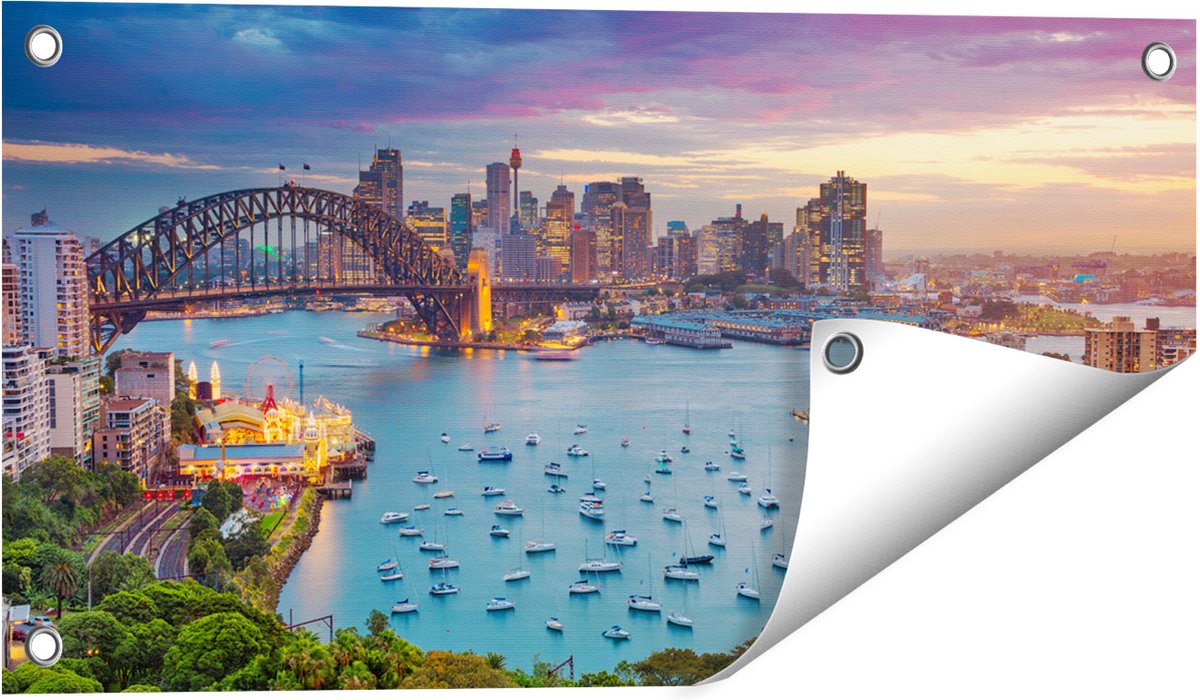 Gards Tuinposter Sydney Harbour Bridge in de Avond - 60x30 cm - Tuindoek - Tuindecoratie - Wanddecoratie buiten - Tuinschilderij Multikleur