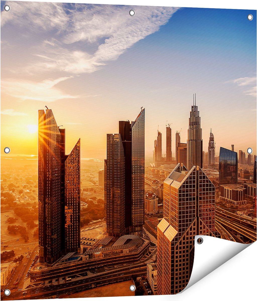 Gards Tuinposter Dubai Stad bij Zonsopgang - 80x80 cm - Tuindoek - Tuindecoratie - Wanddecoratie buiten - Tuinschilderij Multikleur