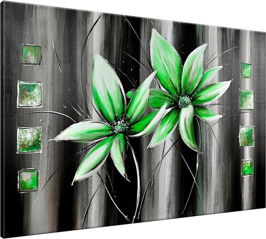 Schilderij - Bloemen - Groen , Grijs - 120x70cm 1Luik - GroepArt -  Handgeschilderd... | bol.com