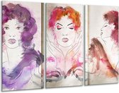 GroepArt - Schilderij -  Vrouwen - Crème, Paars, Roze - 120x80cm 3Luik - 6000+ Schilderijen 0p Canvas Art Collectie