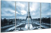 GroepArt - Glasschilderij - Parijs, Eiffeltoren - Blauw, Grijs - 160x80cm 4Luik - Foto Op Glas - Geen Acrylglas Schilderij - 6000+ Glasschilderijen Collectie - Wanddecoratie