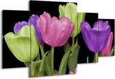 GroepArt - Schilderij -  Tulpen - Paars, Groen, Roze - 160x90cm 4Luik - Schilderij Op Canvas - Foto Op Canvas