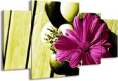 GroepArt - Schilderij -  Bloem - Roze, Groen, Wit - 160x90cm 4Luik - Schilderij Op Canvas - Foto Op Canvas