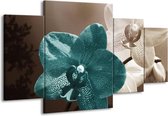 GroepArt - Schilderij -  Orchidee - Blauw, Wit, Grijs - 160x90cm 4Luik - Schilderij Op Canvas - Foto Op Canvas