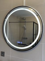 Luxe LED spiegel met zwart metalen frame- LED badkamer spiegel- 3 LED Verlichting Standen-Lichtspiegels - Badkamerspiegel met LED verlichting-met anti Conden-Dimbaar LED spiegel met klok ,datum en temperatuur-rond 80cm
