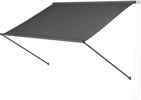 Auvent gris avec cadre noir, commande manuelle par cordon.