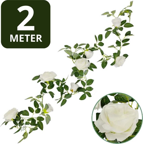 Luxe Bloemenslinger Roos - Realistische Witte Rozen - Grote Stijlvolle Bloemenstreng - Voor Interieur, Fietsmand of Stuur - 200 CM Bloemen Roze - Plastic Kunstbloemen Fiets Slinger Tak