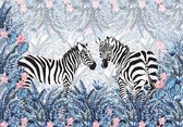 Fotobehang - Vlies Behang - Zebra's en Botanische Planten - 254 x 184 cm