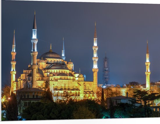 WallClassics - PVC Schuimplaat- Sultan AhmetMoskee in de Nacht in Istanbul, Turkije - 100x75 cm Foto op PVC Schuimplaat
