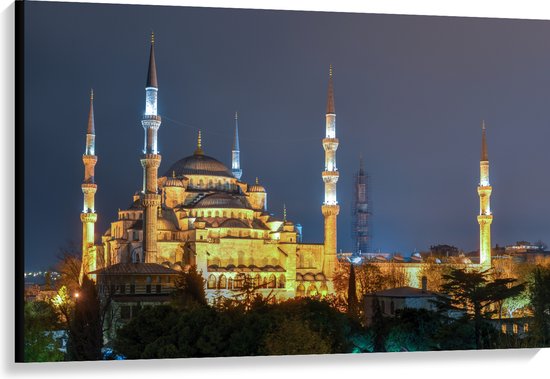 WallClassics - Canvas - Sultan AhmetMoskee in de Nacht in Istanbul, Turkije - 120x80 cm Foto op Canvas Schilderij (Wanddecoratie op Canvas)