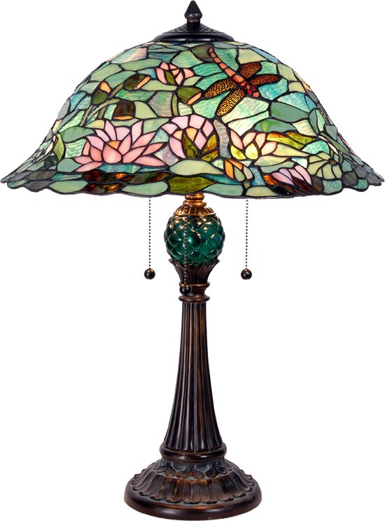 HAES DECO - Lampe de table Tiffany Ø 47x60 cm Driehoek en Glas vert marron Libellule Lampe de bureau Tiffany Lampes Tiffany Glas