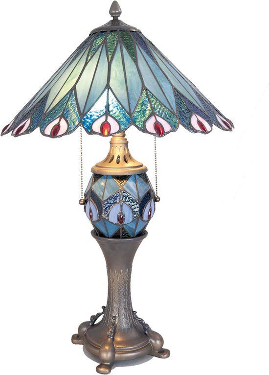 HAES DECO - Tiffany Tafellamp Ø 40x65 cm Blauw Rood Glas Tiffany Bureaulamp Tiffany Lampen