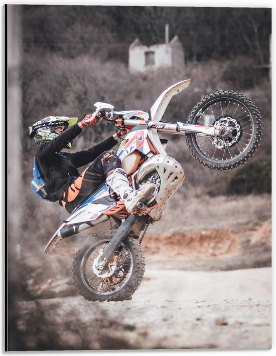 Dibond - Man Stuntend op Motor op Motorcross Parcour - 30x40 cm Foto op Aluminium (Met Ophangsysteem)