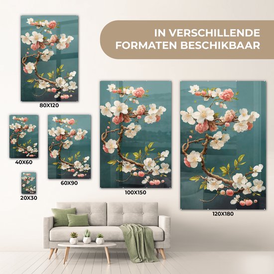 MuchoWow® Tableau sur verre 20x30 cm - Tableau sur verre acrylique - Fleurs - Fleur - Cerises - Branche - Wit - Photo sur verre - Décoration murale salon - Décoration murale chambre - Peintures